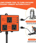 Front view of orange Automatic Vacuum Switch with two outlets and Auto/Off/On controls, 120V/15A.