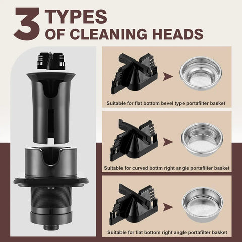 Three types of cleaning heads for Premium Handle Sensor For Coffee Knock Box Featuring Intelligent Anti Touch Shield and Lightning Fast Single Tap Empty.
