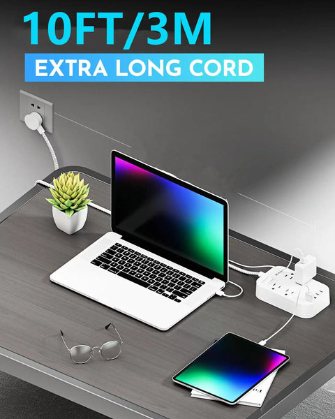 Office setup with 10Ft Braided Power Strip With Flat Plug, 4 Outlets And 4 USB Ports, laptop, tablet connected, extra long cord.