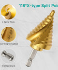Five Piece Titanium Coated HSS Step Drill Bit Set With Fifty Hole Sizes From Three Sixteenths To One And Three Eighths Inches
