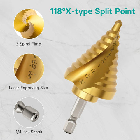 Five Piece Titanium Coated HSS Step Drill Bit Set With Fifty Hole Sizes From Three Sixteenths To One And Three Eighths Inches