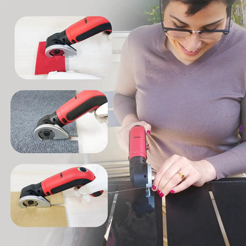 S&F Stead Fast Electric Box Cutter 4V Cordless Power Scissors For Cardboard Crafts Leather Paper With Case 90 Degree Angle multifunctional tool in use.
