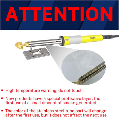 110V 80W Plastic Welder Kit with bracket detail for car bumper repairs, high temperature warning, illustration of welding rod.