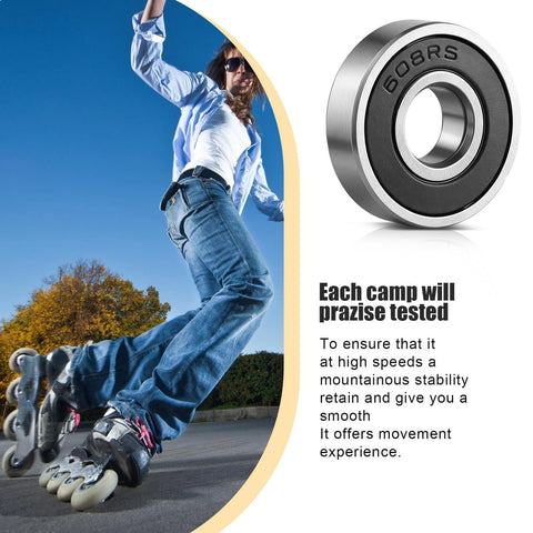 608RS steel ball bearing with double rubber seal (8x22x7 mm); inline skater nearby.