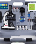 1200X Microscope STEM Kit With 52 Piece Set And Durable Metal Body For Kids Kid Friendly Awesome Science Exploration From 120X To 1200X Educational Microscope For Home Classroom, open case view with slides and tools