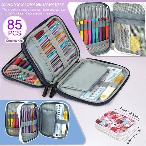 85-Piece Crochet Hooks Kit With Case, ergonomic hooks in stainless and aluminum, organized storage with pro tools, travel-friendly.