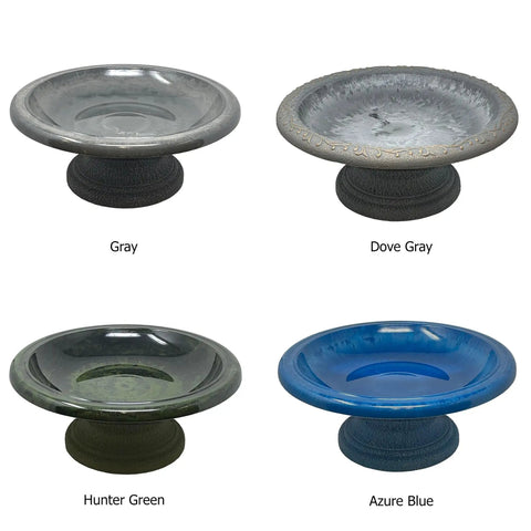 Fiber Clay Bird Bath With Gloss Azure Blue Bowl Grab And Go Low Profile Base 19 Inch Diameter 7.5 Inch Height Lightweight Garden Waterer
