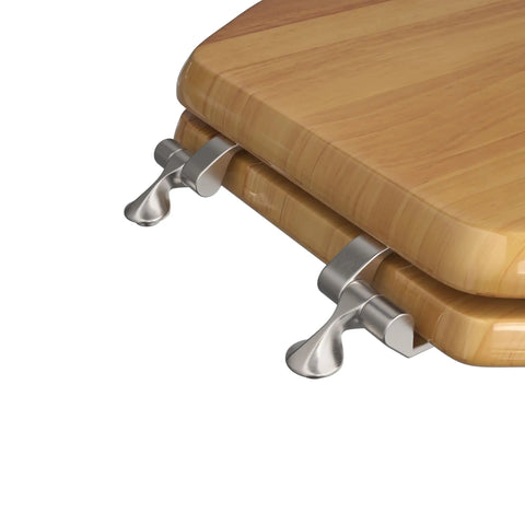 Elongated Solid Wood Toilet Seat With Durable Rubberwood Build Built To Last High Gloss Piano Finish PVD Brushed Nickel Hinges