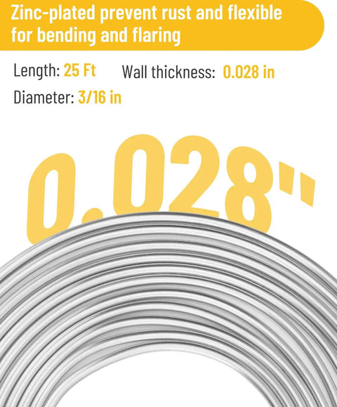 Close-up of 25 Ft Zinc Plated Brake Line with 0.028 inch wall thickness and 3/16 inch diameter, coiled for DIY auto projects.
