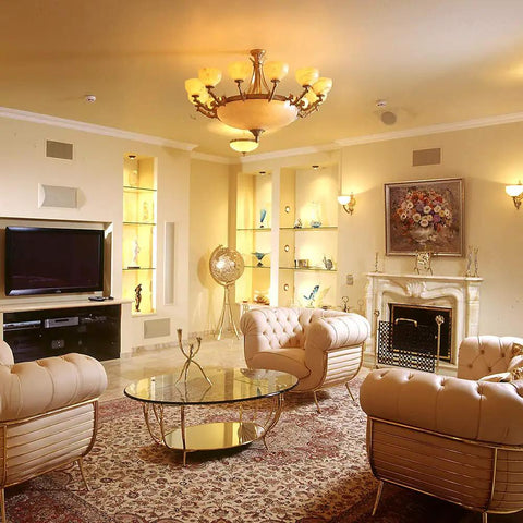 Elegant living room with cozy lighting highlighting Eight Pack 3W LED Light Bulbs E26 Base 120V Warm White 3000K, 25W Equivalent.