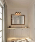 Rustic Wood And Oil Rubbed Metal Vanity Lights Farmhouse Wall Sconces with adjustable sockets above bathroom mirror.