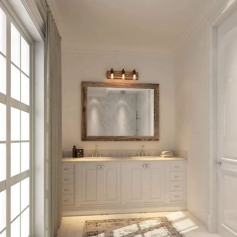Rustic Wood And Oil Rubbed Metal Vanity Lights Farmhouse Wall Sconces with adjustable sockets above bathroom mirror.