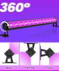 LED Black Light Bar 40 LEDs 38W Lit Glow Party Light with 360-degree rotation, wall, ceiling, floor mounting options, purple glow effect.