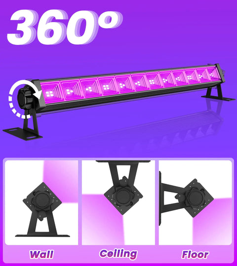 LED Black Light Bar 40 LEDs 38W Lit Glow Party Light with 360-degree rotation, wall, ceiling, floor mounting options, purple glow effect.