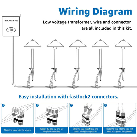 Installation guide for All In One Low Voltage Landscape Lighting Kit With 8 Pathway Lights 60W Transformer 100 Ft Wire 3000K.