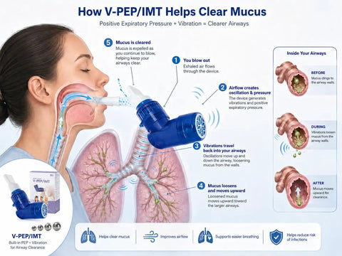 Illustration of Three In One Breathing Trainer for lung expansion, mucus relief, and breathing rehab with diagram of usage steps.