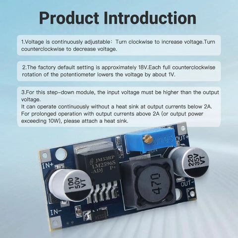Five Pack LM2596 Buck Converter Step Down Modules 3.0 To 40V Input 1.5 To 35V Adjustable Output Voltage Regulator Power Supply With LED Indicator For DIYers Great For Hobbyists And Makers display showing voltage adjustment instructions
