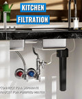 Undersink kitchen filtration system with connected faucet for purified water, showing two valves and a filter unit under a counter.