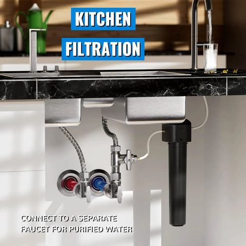 Undersink kitchen filtration system with connected faucet for purified water, showing two valves and a filter unit under a counter.