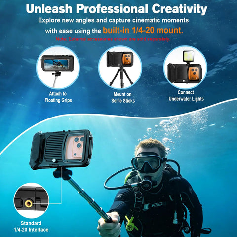 Scuba diver using Dive Ready Waterproof Phone Case For IPhone 17 16 15 14 Series, attached to selfie stick underwater.