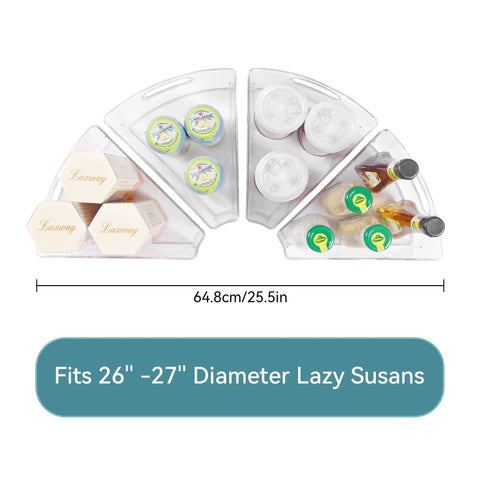Lazy Susan Organizer Set Of Four Clear Plastic Kitchen Cabinet Storage Bins With Handles, 10.2 By 9.4 By 4 Inches, arranged with items