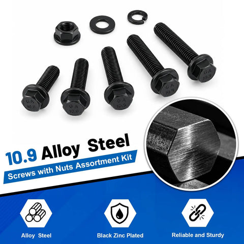 Massive M6 Flange Bolts Kit 440Pcs Black Zinc Plated Hex Flange Head Screws Set with nuts, washers alloy steel