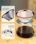 Stainless Steel Pour Over Coffee Dripper Cone 1 To 3 Cup, Reusable Paperless Metal Filter with anti-scalding silicone ring detail.