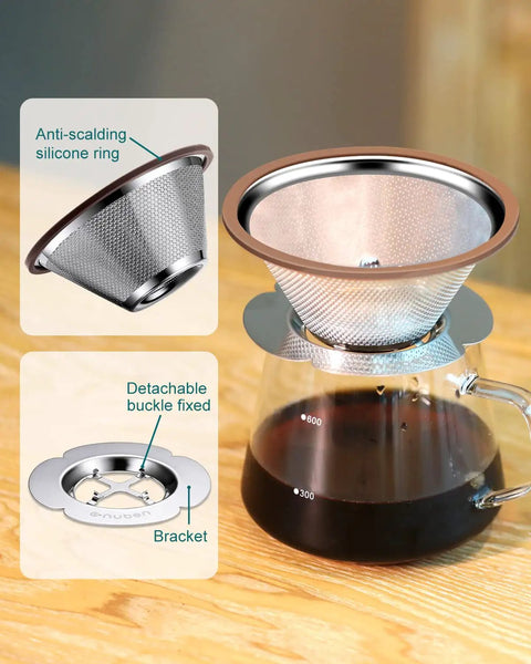 Stainless Steel Pour Over Coffee Dripper Cone 1 To 3 Cup, Reusable Paperless Metal Filter with anti-scalding silicone ring detail.
