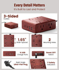 Brown Wood Grain 10 Ft Flat Plug Power Strip With Surge Protector, 3-sided outlets, USB ports, mounting holes, flat plug.