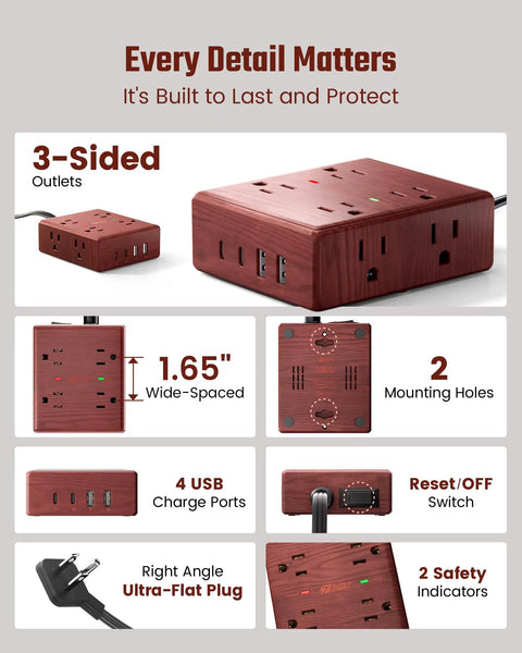 Brown Wood Grain 10 Ft Flat Plug Power Strip With Surge Protector, 3-sided outlets, USB ports, mounting holes, flat plug.