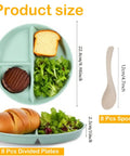 Eight Pack 9 Inch Divided Plates With Spoons Set showing green plate with food compartments and spoon measurements