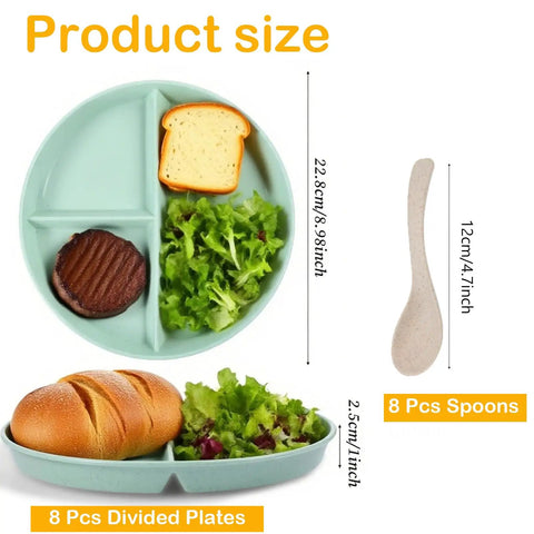 Eight Pack 9 Inch Divided Plates With Spoons Set showing green plate with food compartments and spoon measurements