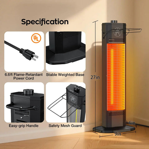 Infrared Tower Patio Heater 1200W With Instant Heat And Sun Like Cozy Warmth, IPX5 Waterproof, 27 Inch Space Heater displayed with features.