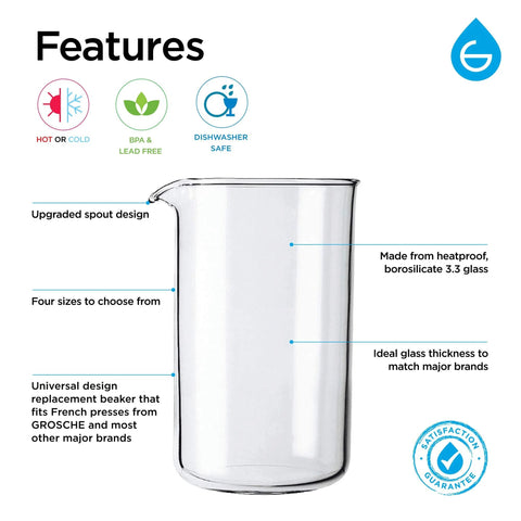 Front view of GROSCHE universal French press replacement glass beaker, borosilicate glass, 34 oz (1000 mL)
