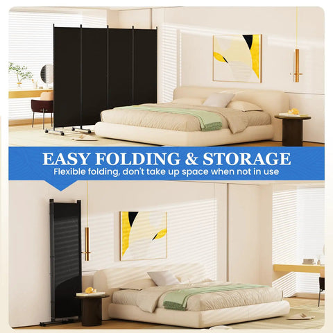 Six Foot Folding Privacy Screen With Lockable Wheels, 4-Panel Room Divider in a bedroom setting, folded and expanded views