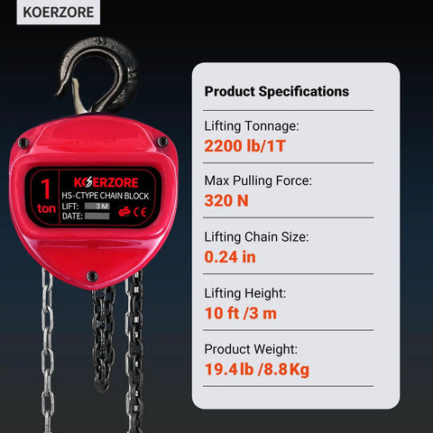 Beefed Up 1 Ton Hand Chain Hoist For Engine Lifts And Heavy Duty Work In Garages And Warehouses, Perfect For Auto Shops, 10 Ft Lift Range, Built With Durable Alloy Steel Chain And Reinforced Gears For Long Lasting Performance. Red 1-ton chain block with hook, 10 ft lift, alloy steel chain