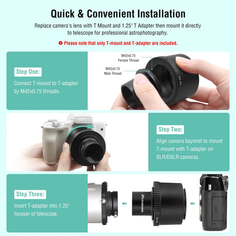 Step-by-step guide for T2 Lens To Fuji FX Mount Camera Adapter And M42 To 1.25 Inch Telescope Adapter T Mount for X Series
