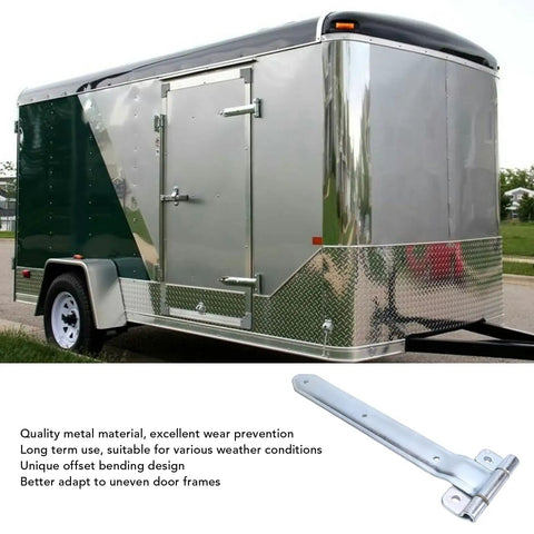 Heavy Duty 16 Inch Trailer Door Strap Hinge Set For Side Doors On Enclosed Cargo Trailers And RVs Offset Bent Metal Hinges For Durable Outdoor Use Rust Resistant Trailer Hardware shown with cargo trailer