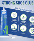 Slow Dry Shoe Glue For Sole Repair Pro Grade Waterproof Clear Adhesive Tube with features illustrated on blue background