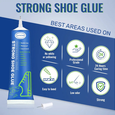 Slow Dry Shoe Glue For Sole Repair Pro Grade Waterproof Clear Adhesive Tube with features illustrated on blue background