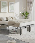 Sleek Queen Platform Bed Frame, 16 Inch High Heavy Duty Sleep Base with sleek design and gray bedding in modern bedroom setting.