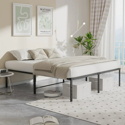 Sleek Queen Platform Bed Frame, 16 Inch High Heavy Duty Sleep Base with sleek design and gray bedding in modern bedroom setting.