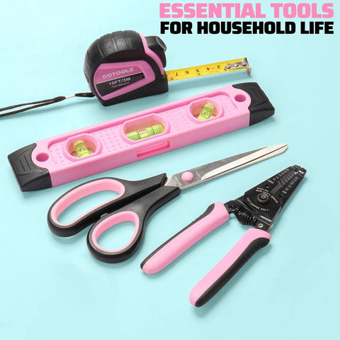 Pink essential household tools from 269 Piece All-In-One Home Tool Set With Storage Bag For DIY Projects And Everyday Home Maintenance.