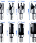 Heavy Duty Carbon Steel Wood Plug Cutter Drill Bit Set With Slick Straight And Tapered Dowel Hole Saw Blades For Badass Workshop Cuts And Sick Precision Results, 8 pieces with different sizes.