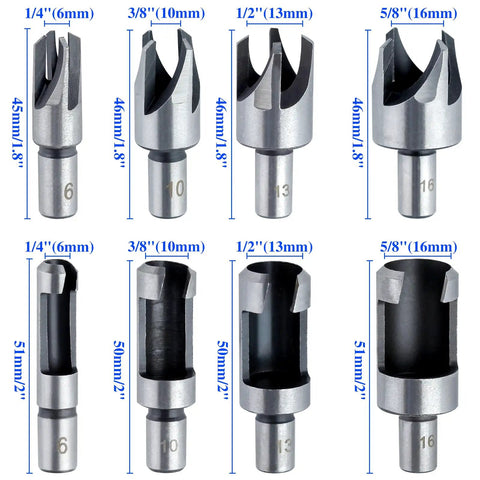 Heavy Duty Carbon Steel Wood Plug Cutter Drill Bit Set With Slick Straight And Tapered Dowel Hole Saw Blades For Badass Workshop Cuts And Sick Precision Results, 8 pieces with different sizes.
