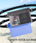 Two-pack waterproof phone pouch with adjustable waist strap, showing phone and document inside, on beach, 8.6x5.9 in size.