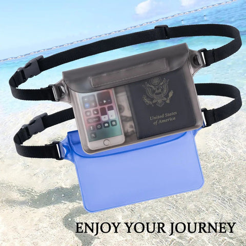 Two-pack waterproof phone pouch with adjustable waist strap, showing phone and document inside, on beach, 8.6x5.9 in size.