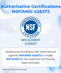 Front view of blue NSF Certified badge with circular NSF logo and Replacement Element text
