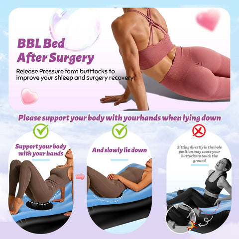 BBL Post Surgery Recovery Bed With U Shaped Cutout Hole features instructions for safe use and proper body support while lying down.