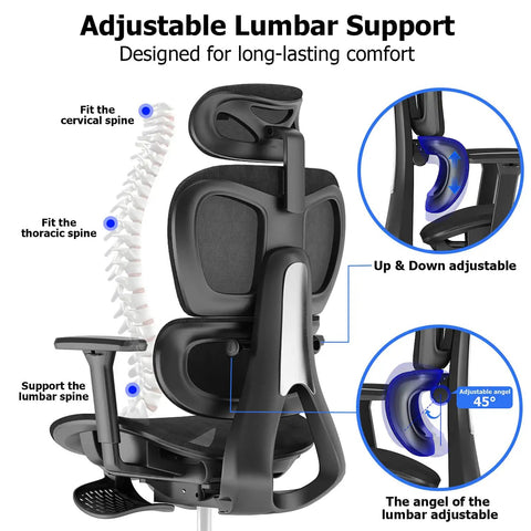 Ergonomic Office Chair With Footrest For Long Hours, Big And Tall Desk Chair With Adjustable Lumbar Support Details